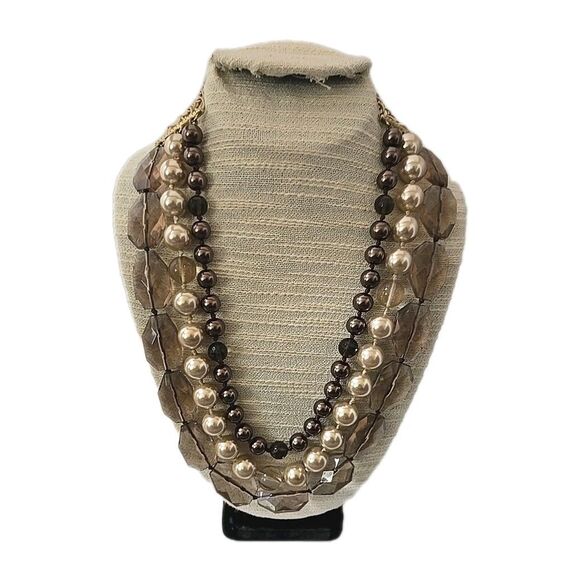 Stella & Dot Triple Strands Faux Glass  Pearl & Acrylic Brown Beads Necklace - Picture 2 of 9